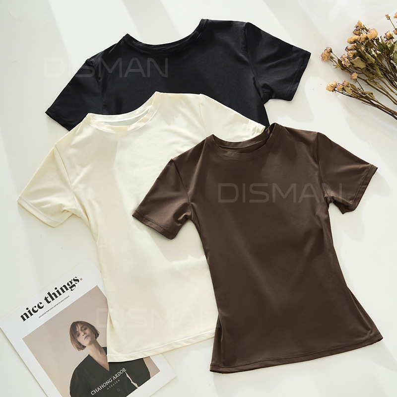 Foreign Trade Skim* Popular Minimalist Style Short-Sleeved T-Shirt for Women, Comfortable and Breathable, Early Autumn Slim-Fit Base Layer Round-Neck Top for Layering