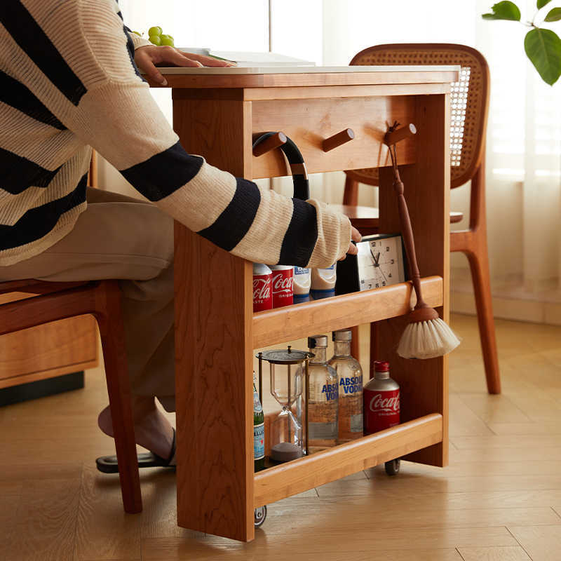 Solid Wood Island Table Integrated Rotating and Retractable Japanese Rock Plate Small Apartment Household Bar Bar Wine Storage Sideboard