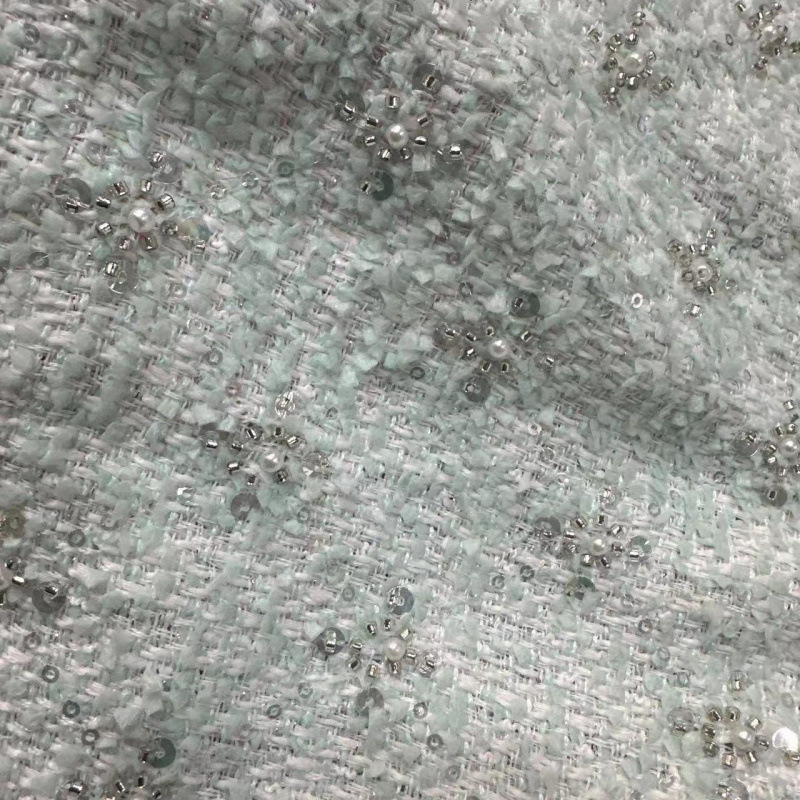 Trendy Tweed Fabric Wool Coarse Fabric with Gold Thread Bead Embroidery for Coats and Autumn/Winter Dresses with Gold Embroidery