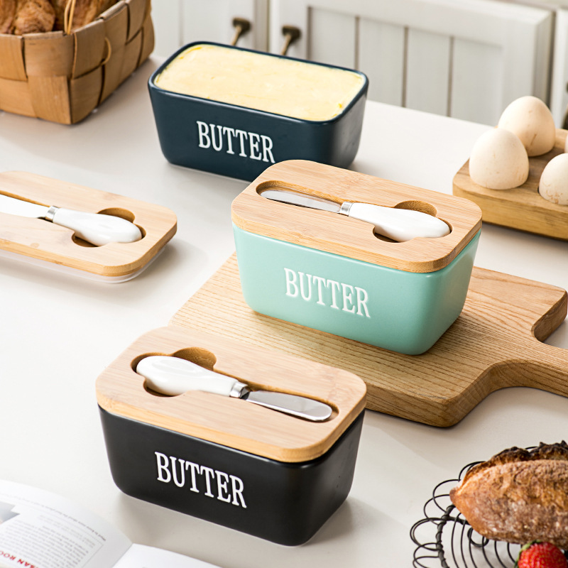 Ceramic Butter Box Rectangular Butter Sealed Box Butter Cutting Refrigerator Box Cheese Storage Box with Wooden Lid Cross Border
