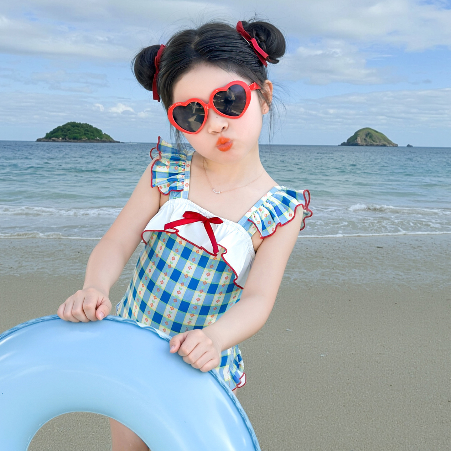 Girls Bow Blue and White Plaid Swimsuit 2025 Summer New Fashion Little Girls Jumpsuit Swimsuit for Children and Middle-Aged Children