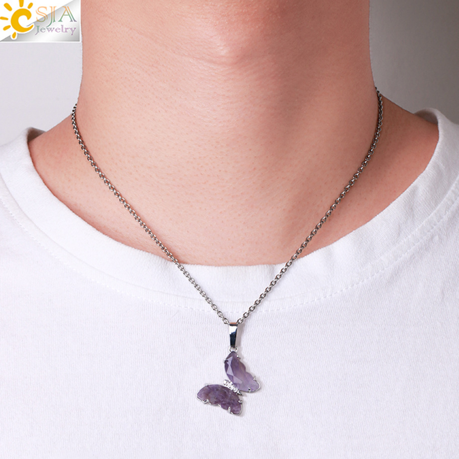 CSJA semi-precious stone crystal necklace butterfly pendant natural stone pendant stainless steel chain ladies H158