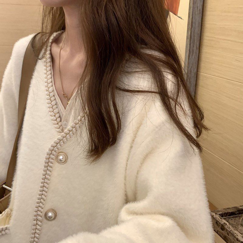 Tweed Style Imitation Mink V Neck Cardigan Women's Jacket Autumn and Winter New Korean Style Loose Lazy Style Knitted Outer Top