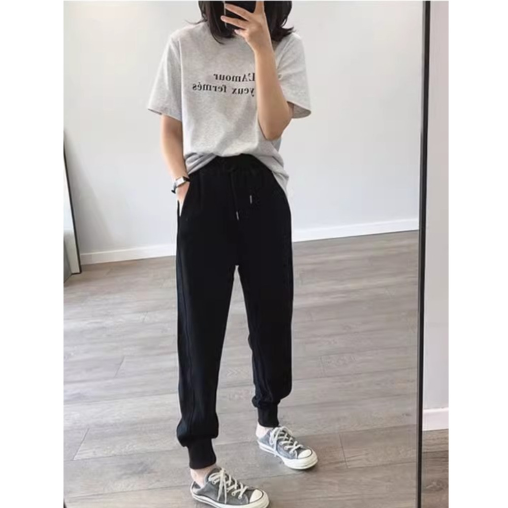 2024 Pants Men's Spring and Autumn Cotton Sweater Pants Straight-tube Loose-fit Foot-binding Summer Casual Sports Trousers for Men and Women