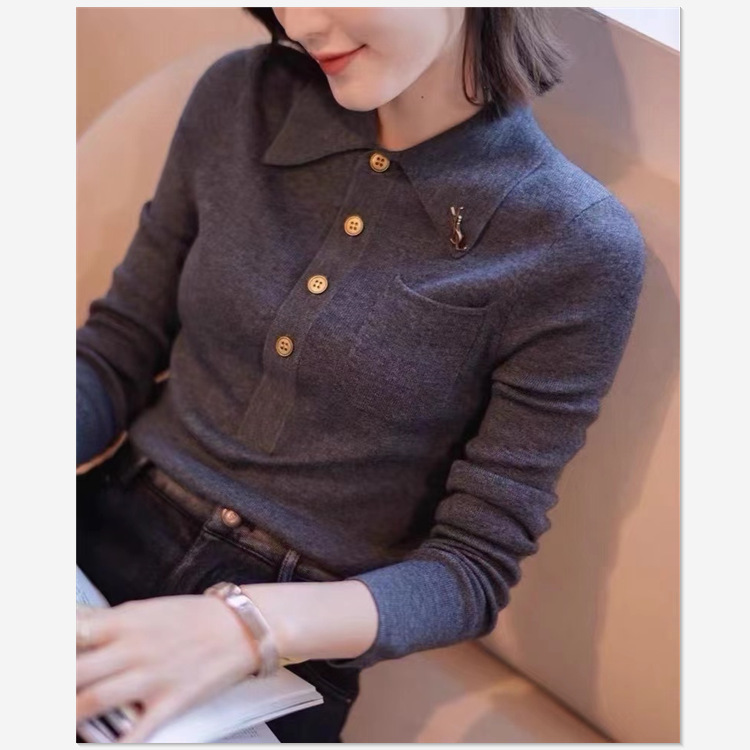 Поло с лацканами POLO2023 осень новое больших размеров женская длинный рукав вязаная шершавая базовая рубашка однотонная