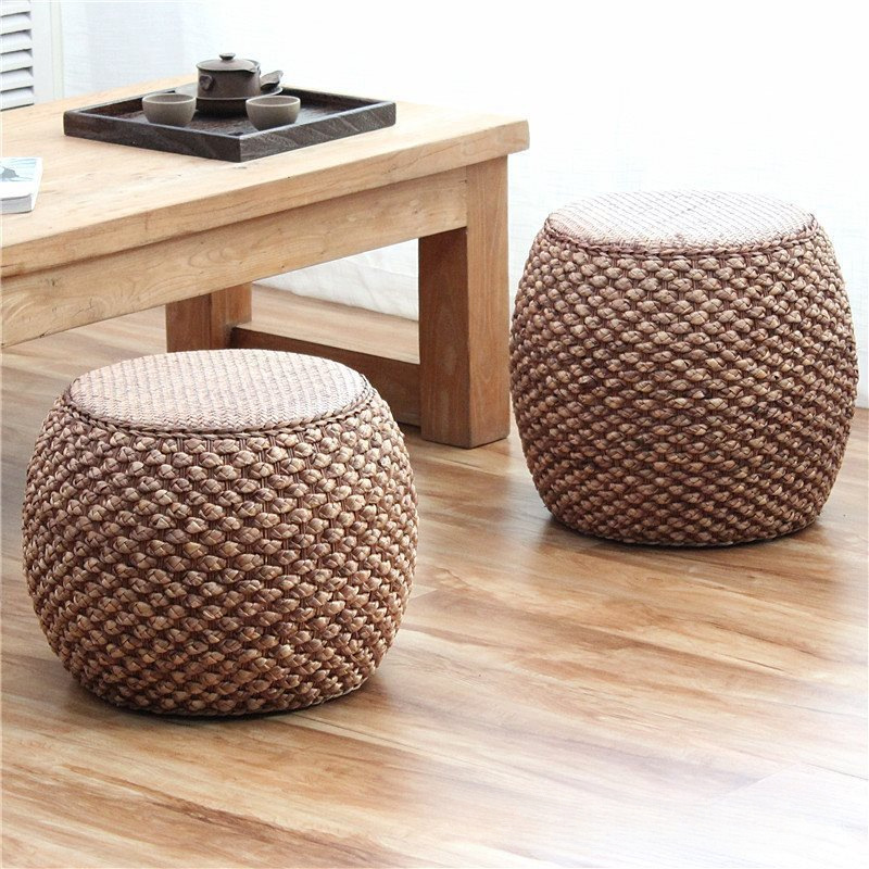 Rattan Drum Stool Chinese Style Low Stool Shoe Changing Stool Household Sofa Coffee Table Small Stool Living Room Solid Wood Round Footstool Sitting Pier