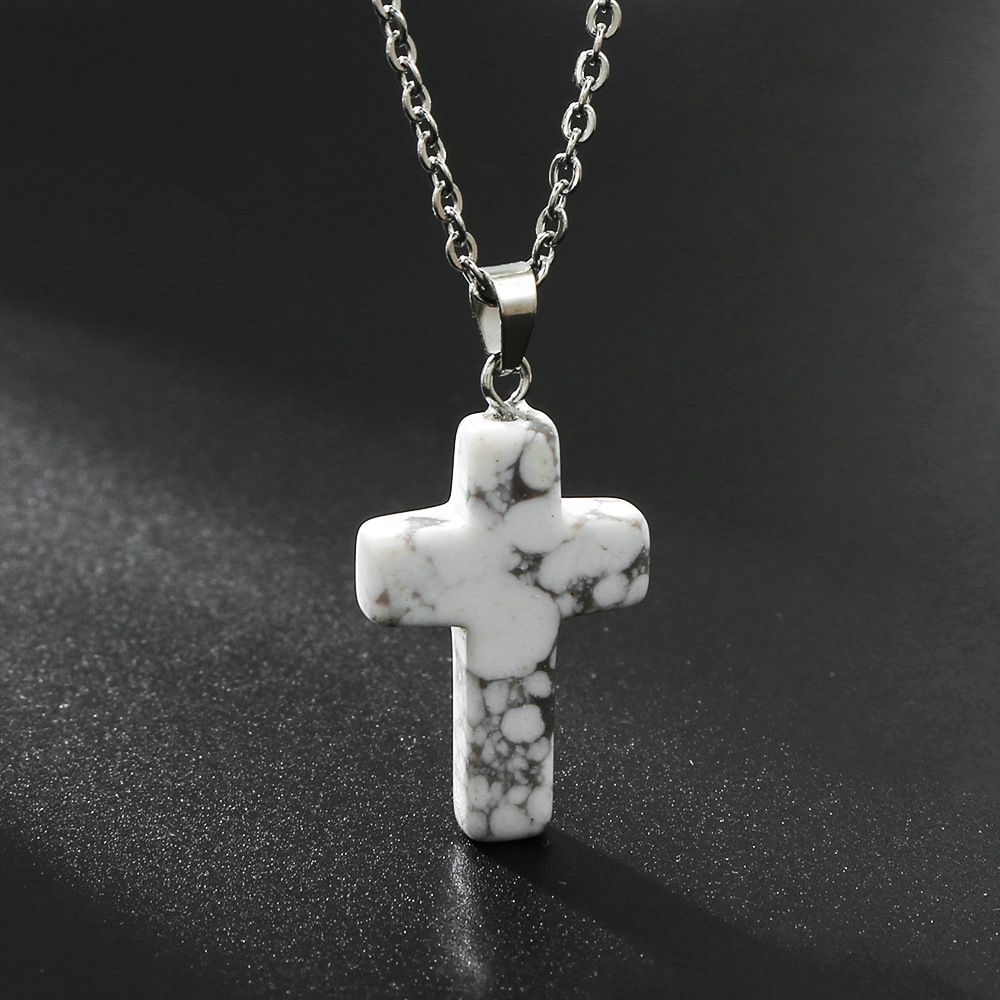 Cross-Border Hot Selling Natural Stone Pendant Cross Necklace Obsidian Malachite White Turquoise European and American Popular Jewelry