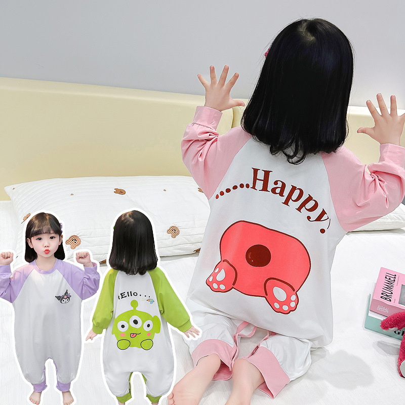 Children's one-piece pajamas spring and autumn cotton long-sleeved 1-year-old boys and girls home wear 3 anti-cold baby sleeping bag