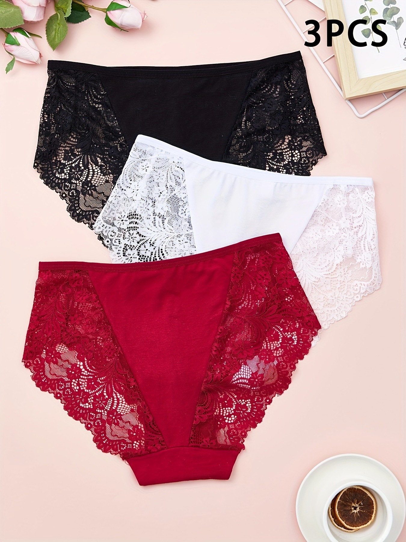 3Pcs Women's Sexy Panties Set, Plus Size Contrast Lace High