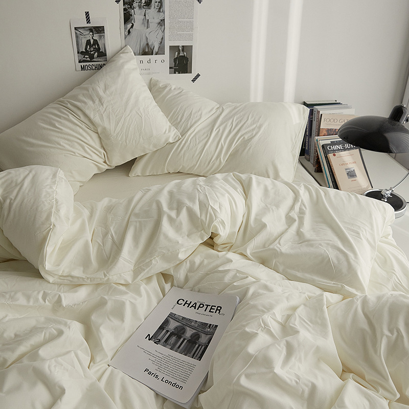 Bed Multi-Piece Set Ins Four-Piece Set Washed Cotton Dormitory Bed Sheet Quilt Cover Solid Color Double-Piece Simple Three-Piece Bed Hat