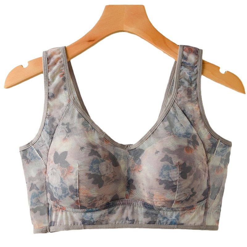 Middle-aged and Elderly Mother's Printed Bra plus size Thin Non-rimless Vest-type Bra Anti-sagging and Traceless Underwear for Women