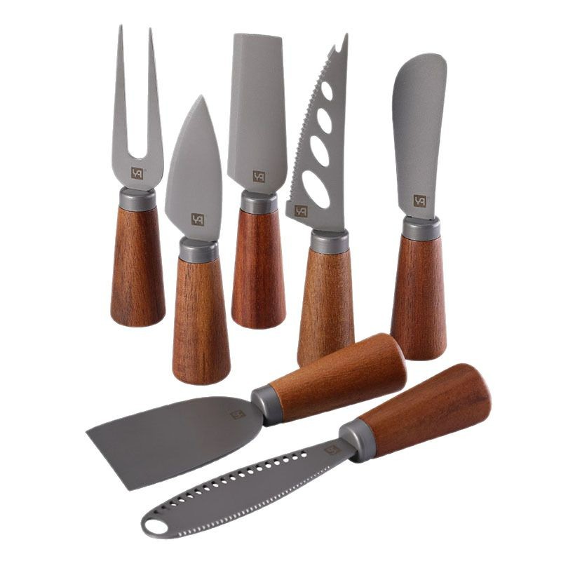 Cross-border in stock high quality cheese tool Acacia wooden handle cheese knife and fork shovel stainless steel butter knife cheese knife