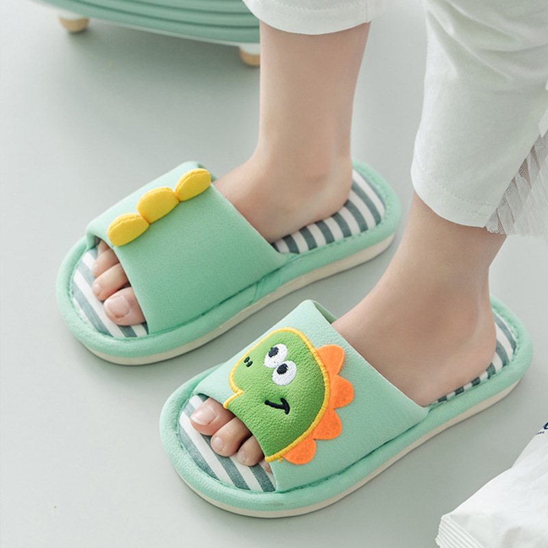 Spring and Autumn Children's Linen Slippers Cute Dinosaur Baby Home Indoor Floor Boys and Girls Slippers Non-Slip Soft Sole