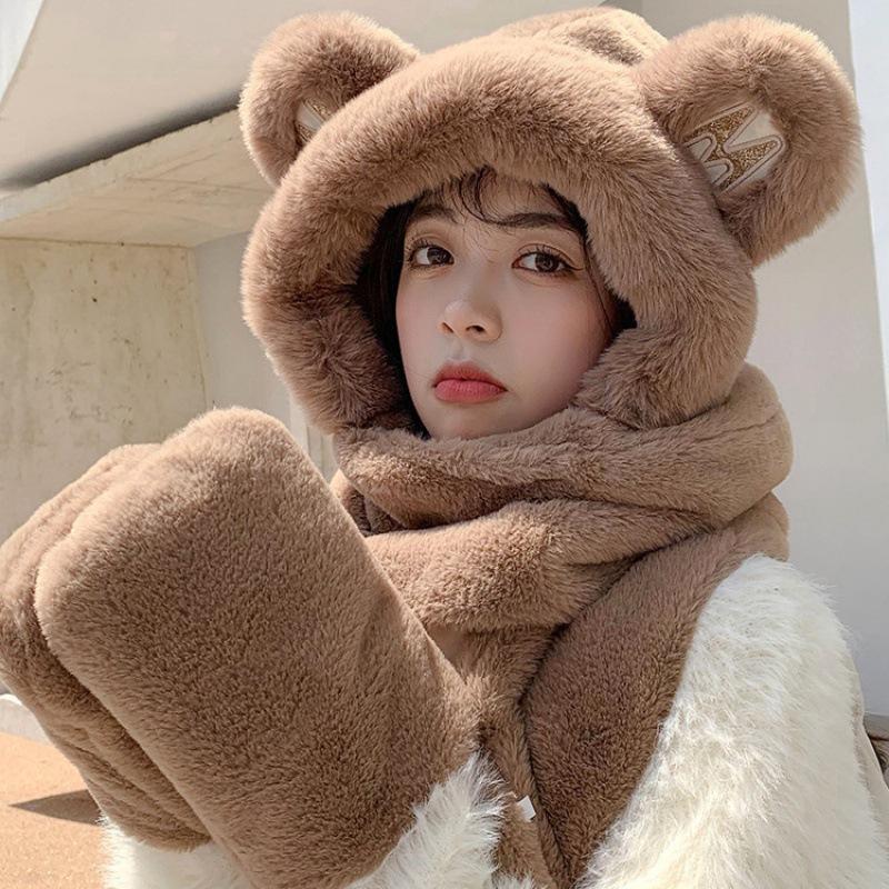 Bear Hat with Fleece Lining, Thick Plush Hat for Women, Winter Hat and Scarf Set, Cute and Versatile Three-Piece Set
