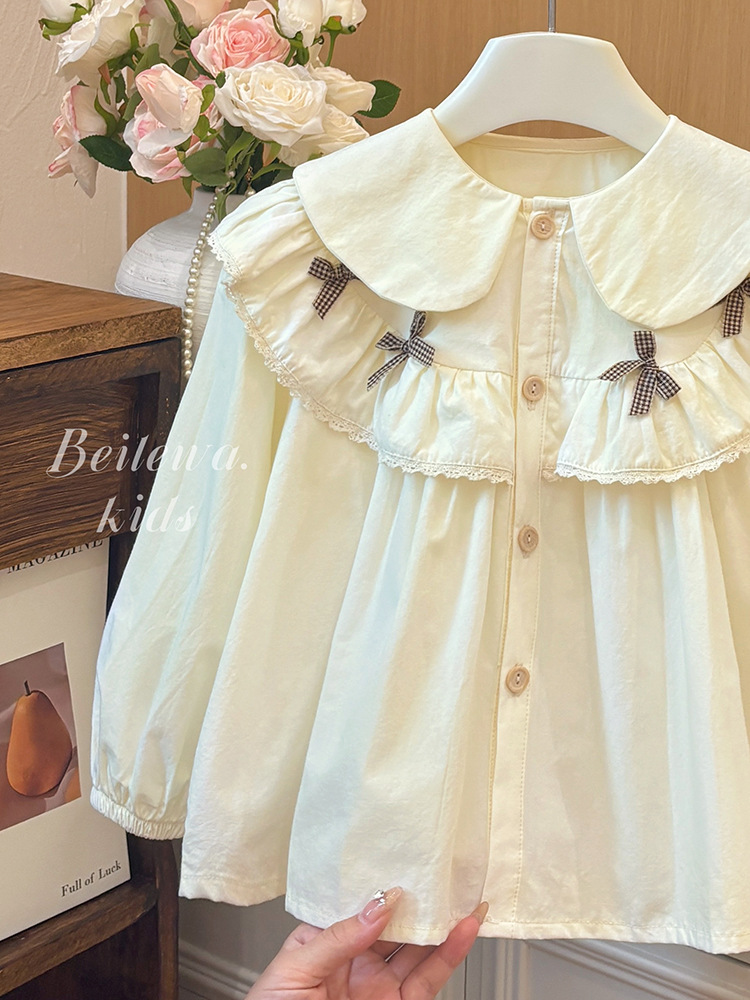 Girls' Spring and Autumn New Shirt Bow Lace Shirt Baby Girl Trendy Western Style All-match Coat Fashionable Top