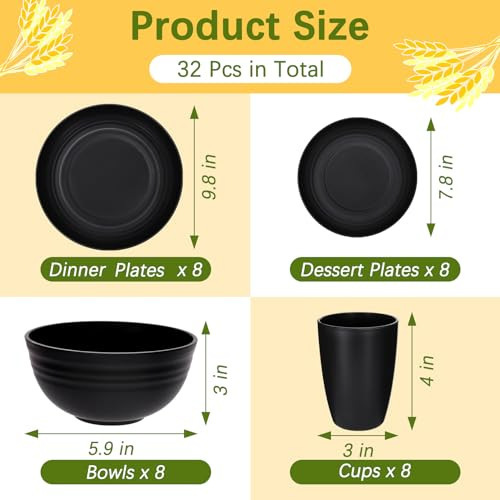 Cross-Border Wheat Straw Black Dinner Plate Soup Bowl Cup Knife Fork Spoon Tableware Set Household Tableware Set Simple and Fashionable