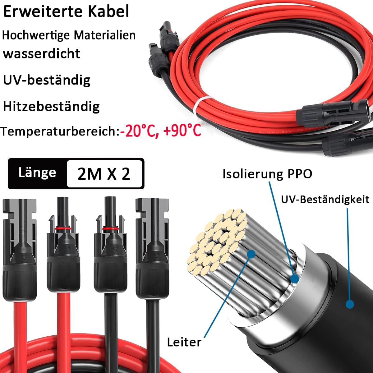 Zycbernoi 2m X 2 Solarkabel Zubehör Set, 4mm² Solarkabel V