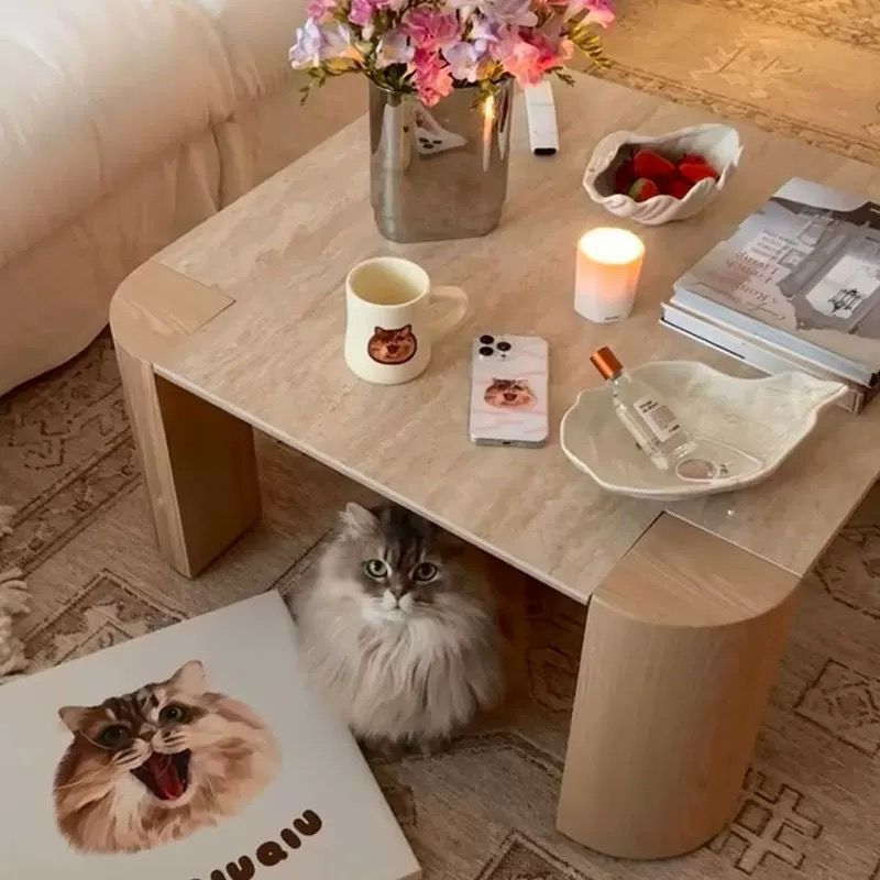 Cream Style Modern Simple Travertine Coffee Table Small Apartment Living Room Home Slate Solid Wood Coffee Table Tea Table B&B