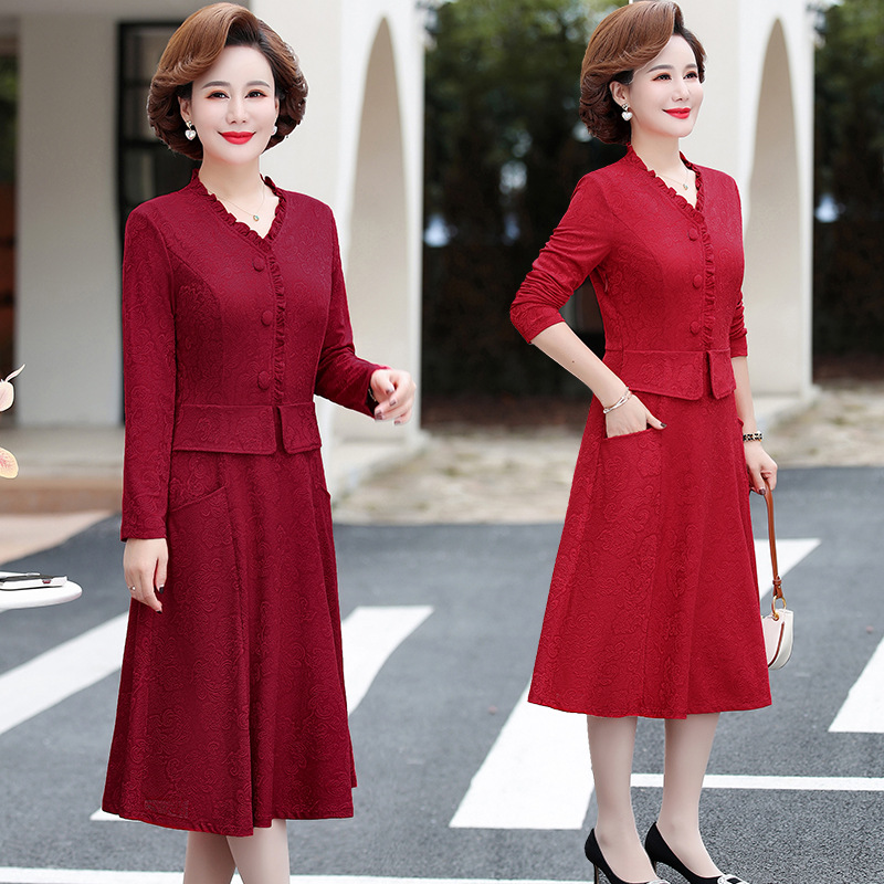 Mom fashion stitching dress mid-length middle-aged and elderly women's clothing plus size long sleeve spring new fake two-piece dress