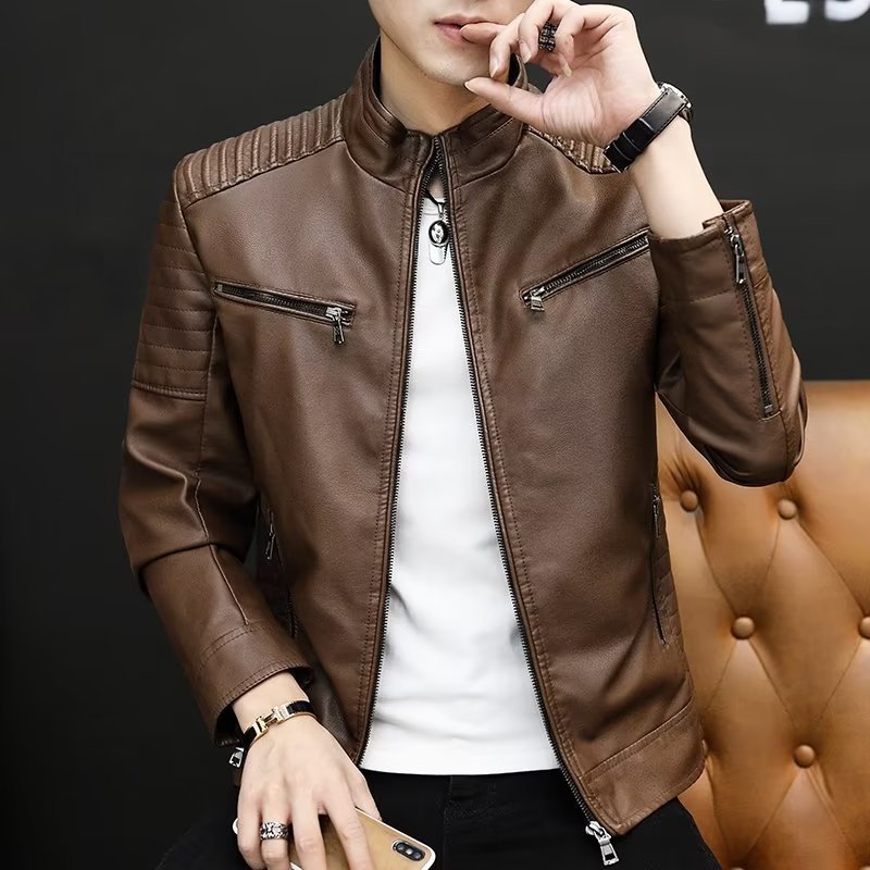 PU leather coat men's jacket spring/autumn/winter leather jacket slim-fit trendy thickened handsome casual motorcycle jacket