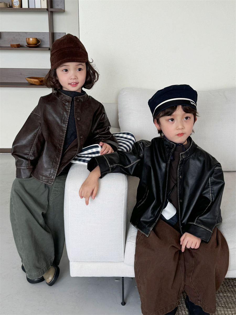 Jiaye Children's Products 2025 Children's Autumn New Color Rubbed Leather Jacket Men's and Women's Baby Forest Jacket Motorcycle Suit