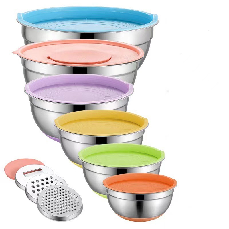 Cross-border black silicone bottom salad basin suit mother and child cover grater multifunctional baking stainless steel salad basin