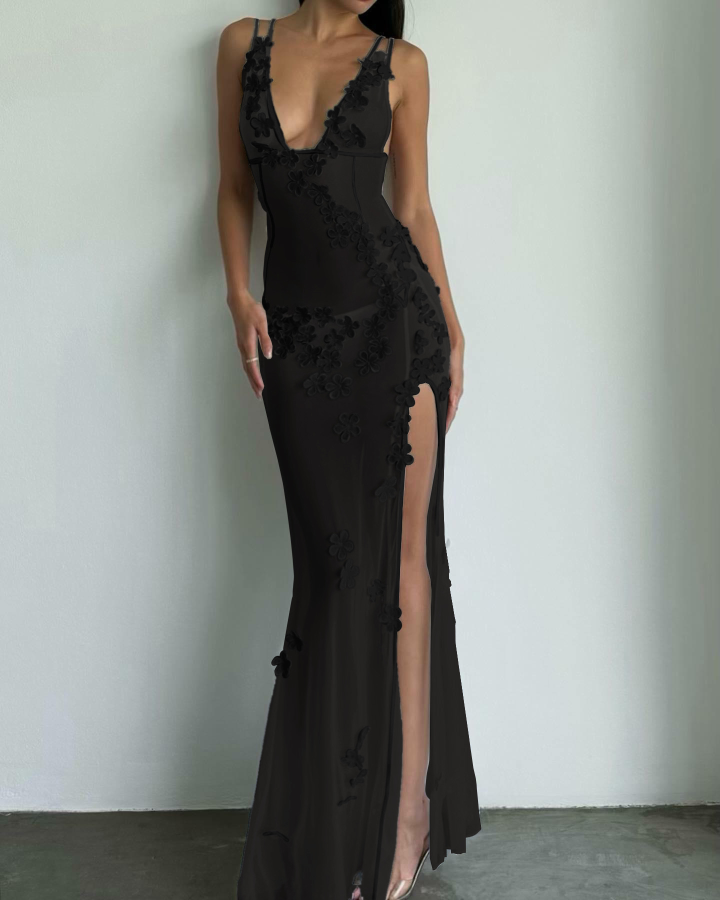 2023 Amazon European and American cross-border new women's V-neck lace stitching sleeveless waist hollow lace dress