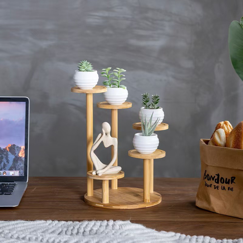 Cross-Border Labeling Balcony Plant Flower Shelf New Floor-Standing Living Room Office Bamboo Flower Pot Storage Rack Dropshipping