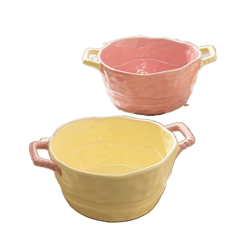 Ins Twisted Bowl Spoon Household Handle Bowl Binaural Soup Bowl Simple Ceramic Baking Bowl Salad Fruit Bowl Soup Bowl