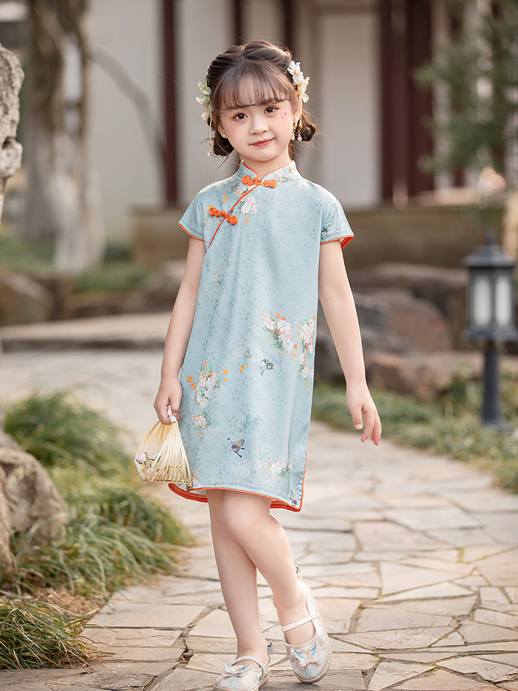 Girls' Short-sleeved Cheongsam Dress for 25 Years Summer New Children's Chinese Style dress Retro Baby Hanfu Internet Popular Fairy