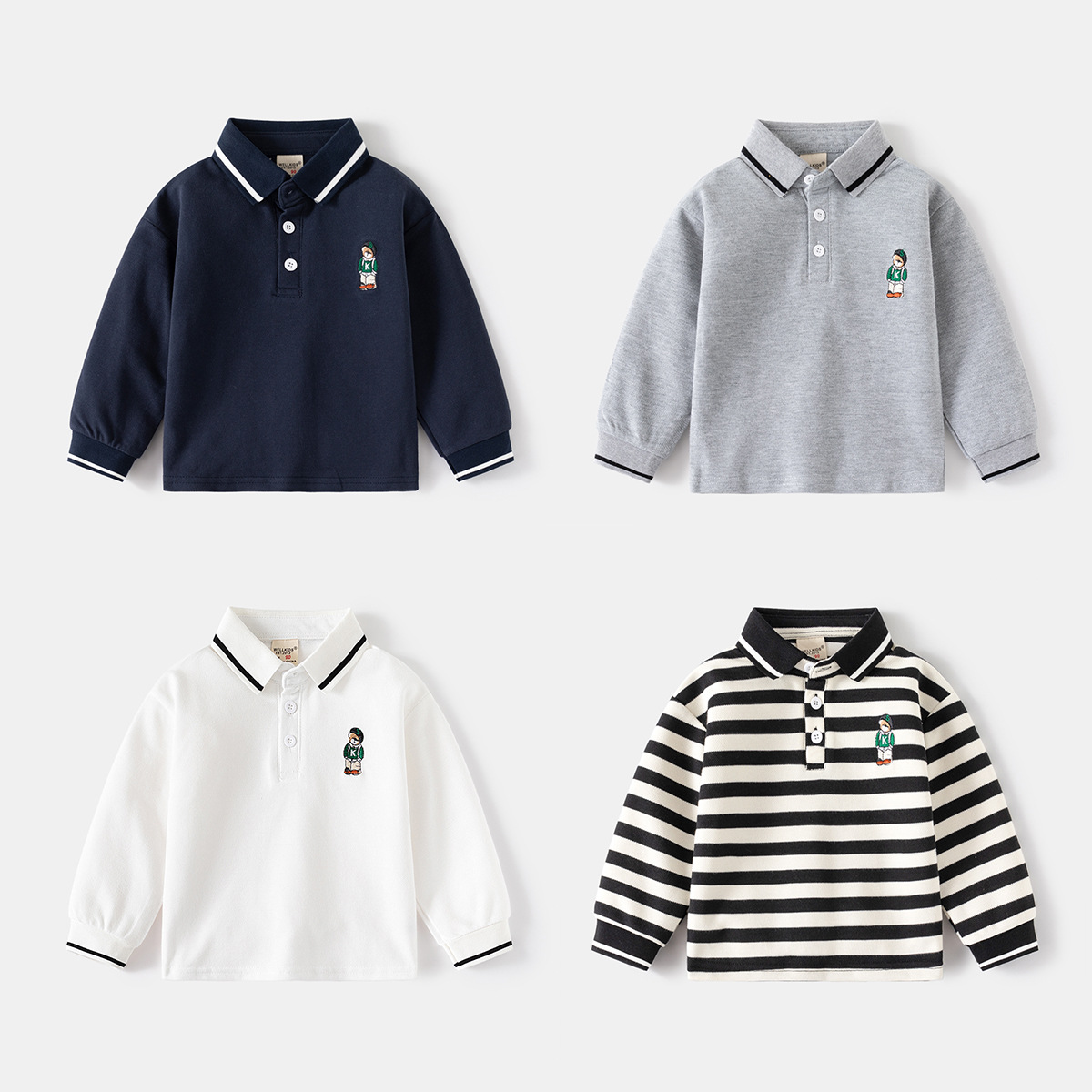 Детские футболки с длинным рукавом 2024 весна новые мальчиковые поло для малышей с воротником оптом