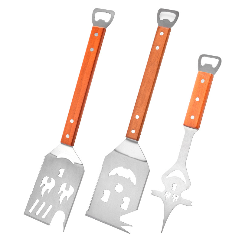 Amazon Multifunctional Outdoor Barbecue Spatula with Wooden Handle, 420 Stainless Steel Metal Spatula with Bottle Opener, Frying Spatula