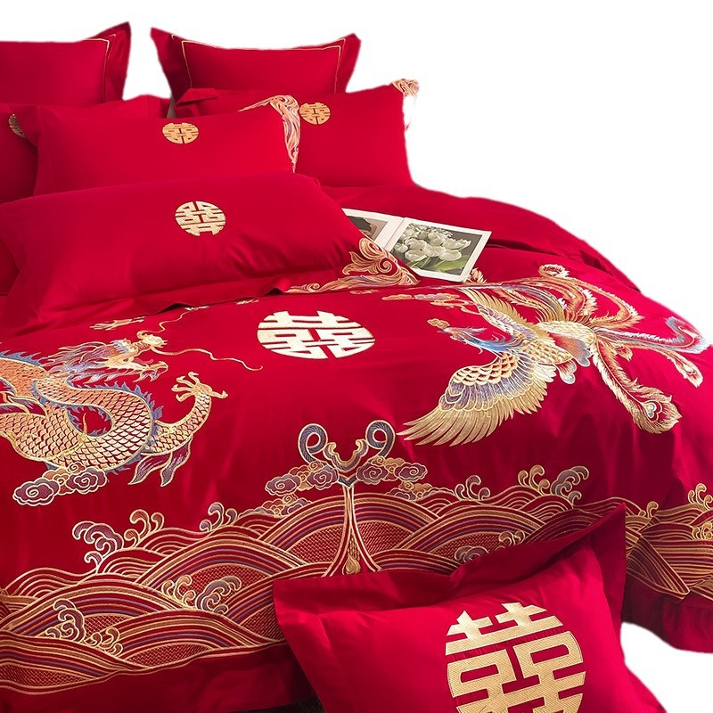 High-end red wedding four-piece set dragon and phoenix double happiness embroidered quilt cover bed sheet New House wedding wedding bedding