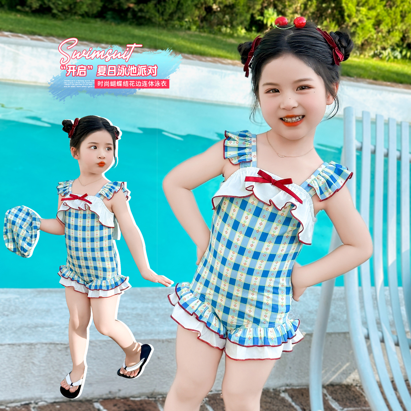 Girls Bow Blue and White Plaid Swimsuit 2025 Summer New Fashion Little Girls Jumpsuit Swimsuit for Children and Middle-Aged Children