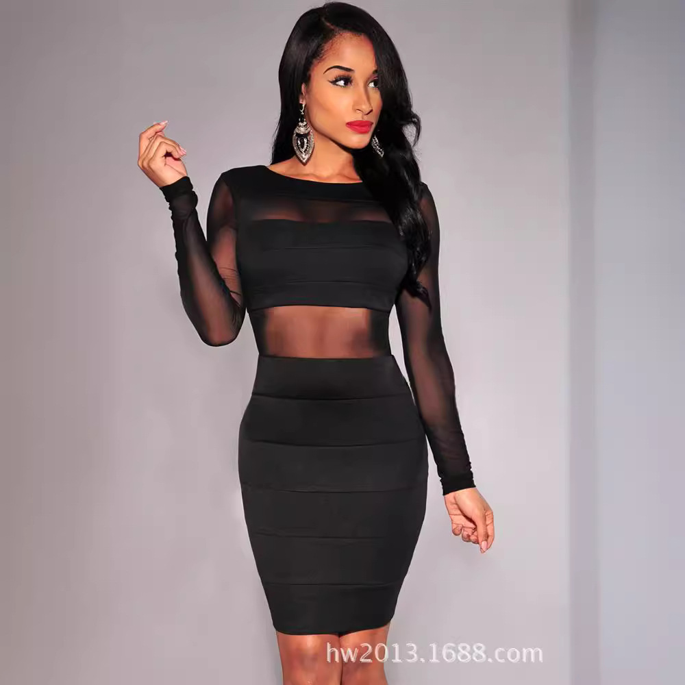 European and American new women's clothing dress mesh backless horizontal stitching Sexy Slim-fit long sleeve round neck dress