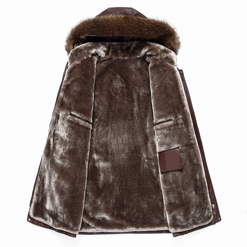 Middle-aged Men's Raccoon Fur Collar Fur Mid-length Men's Thickened Genuine Leather Coat Men's One-piece Fur Coat