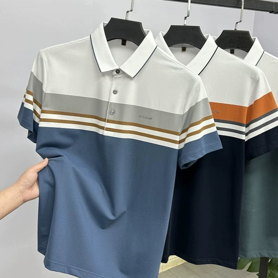 Cross-border foreign trade striped short-sleeved polo shirt men's summer new simple high-end sense lapel t-shirt casual business