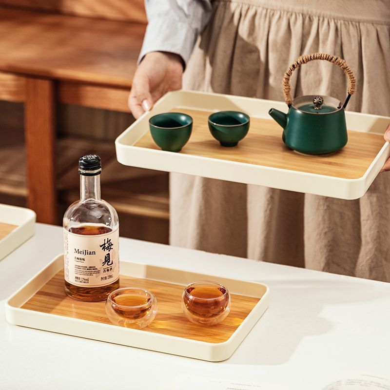 Imitation Wood Grain Tray Household Creative Internet Famous Ins Style Tea Cup Plate Nordic Plastic Dinner Plate for Fruit Tray Tea Tray