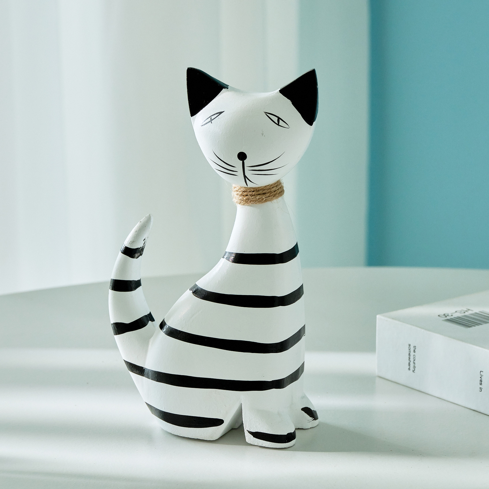 Nordic Simple Wooden Striped Cat Ornaments Home Decoration Desktop Study Counter Set Table Couple Kitten Decorations