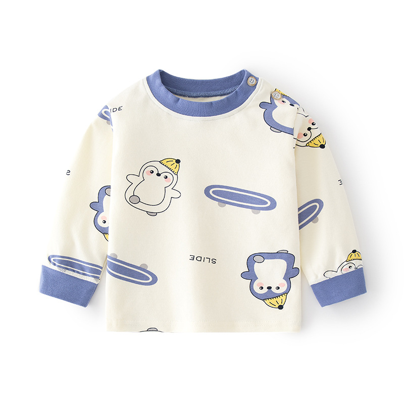 Baby's Autumn Clothes Baby Cotton Printed Vintage Cotton Cartoon Children's Spring and Autumn Underwear Base Children's Shoulder Open T-Shirt