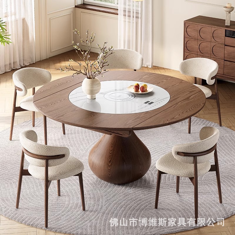 Medieval Style Solid Wood Water Drop Dining Table Retractable Built-In Induction Cooker Warming Turntable Home Retro Style Folding Round Table