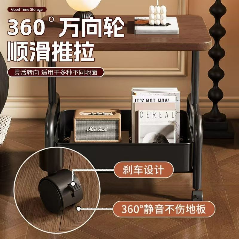 Movable Double-Layer Coffee Table Trolley Side Table Living Room Sofa Storage Wheeled Tea Table Bedroom Storage Rack Small Table