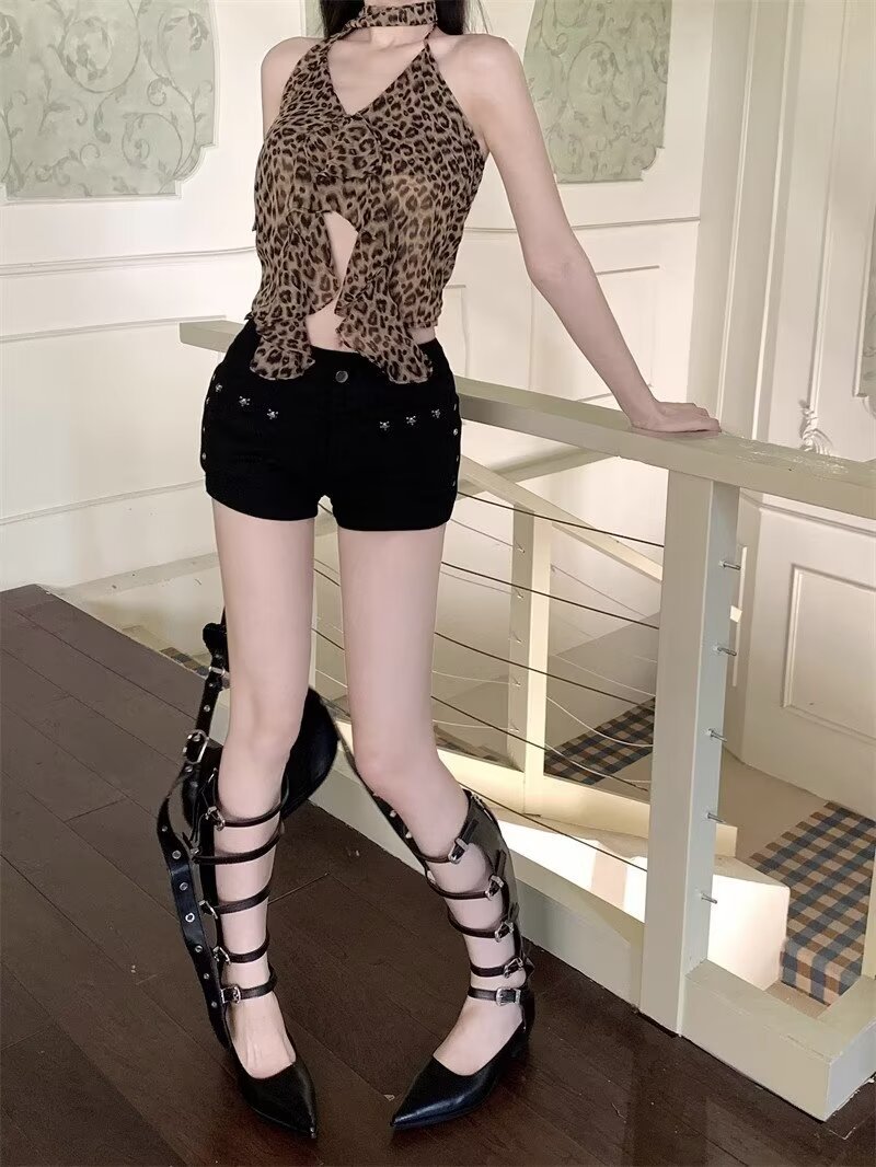 American Style High Street Hot Girl Stud Denim Shorts High Waist Slim-Fit Slimming All-Match Straight Hip Short Hot Pants