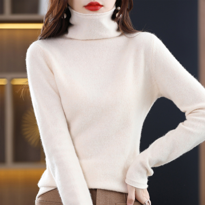 Women's 100% Pure Wool Sweater with a Stacked Collar, Stylish Autumn and Winter Knit Pullover Cashmere Base Sweater
