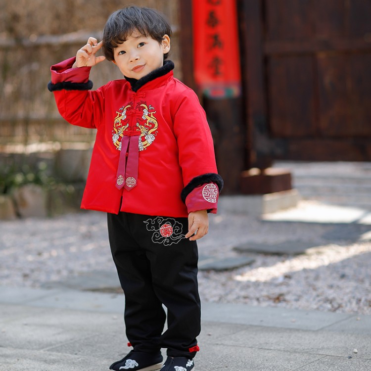 Children's Cotton Hanfu Suit Chinese Style Winter Tang Suit Wool Collar Thickened New Style Cotton Clothes Two-piece Set for Boys and Girls