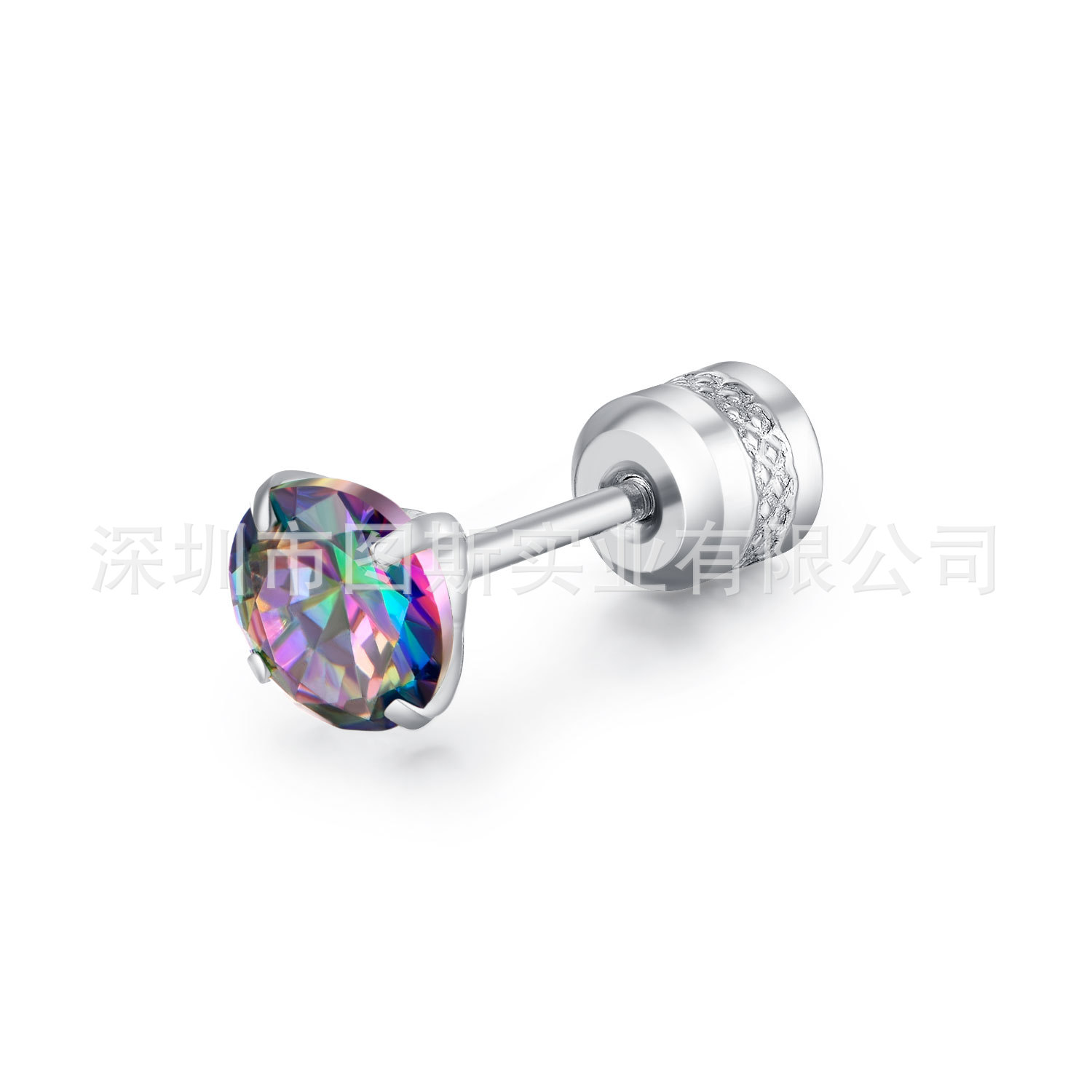 Creative titanium steel two-head drill four-claw color zircon earrings Crystal drill stainless steel fine needle 3A zircon diamond earrings
