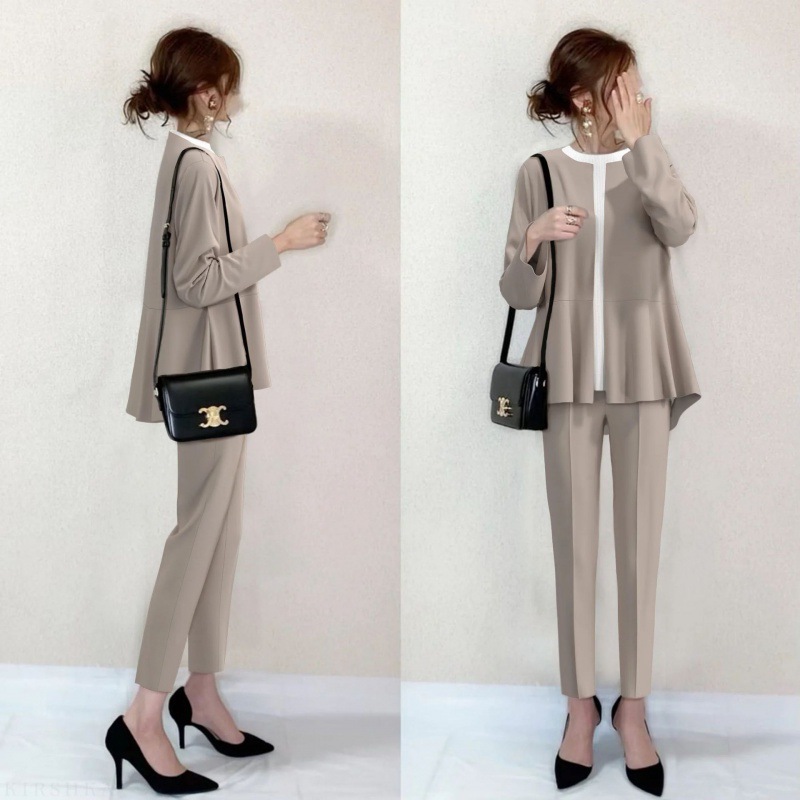 В наличии хороший тканевый кросс-бордерный бестселлер костюм 2024 осень с круглым вырезом, комбинированный подол, брюки, платье для женщин