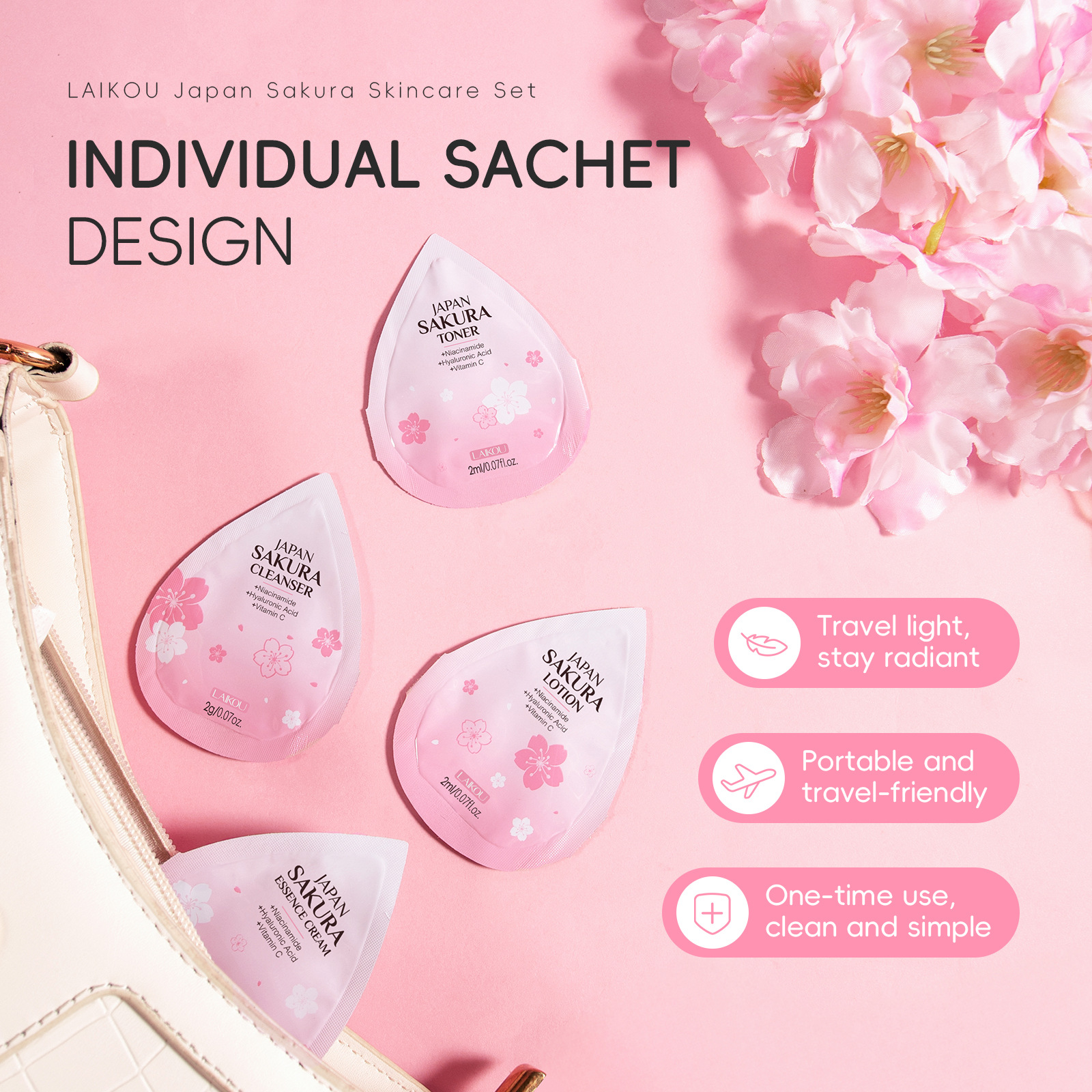 Laikou Japanese Sakura 4-Pack 2g Single-Pack Skin Care Product Set Small Bag Cross-Border Manufacturer Supply