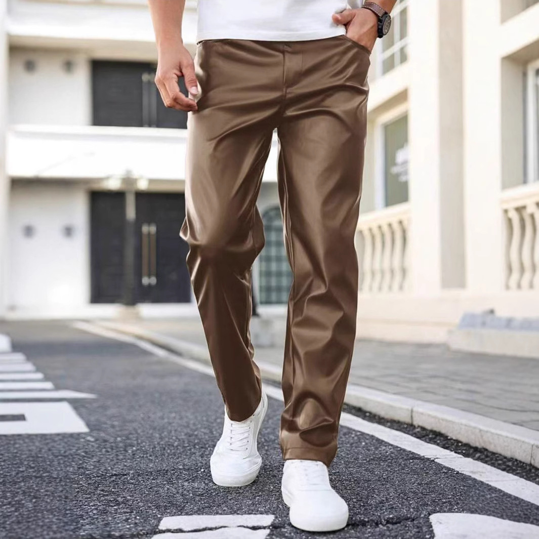 2025 New Cross-border Men's Motorcycle Riding Leather Pants Men's European and American Straight PU Leather Pants