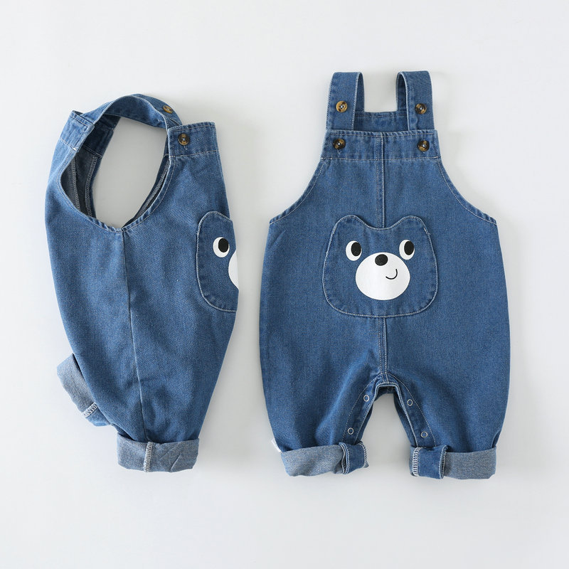 Baby's Soft Denim Strap Sleeveless Kid Sleeveless Cartoon Spring and Autumn Trousers for Boys and Girls Baby Climbing Clothes
